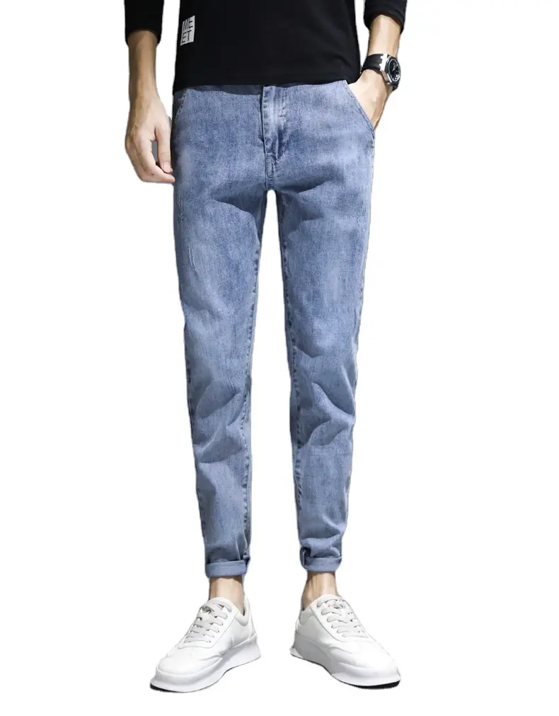 Spring and summer new stretch jeans men slim small feet straight young men's trend Korean long pants