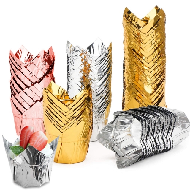 Hot Sell  Gold Tulip Cupcake Muffin Liners Aluminum Foil Tulip Style Baking Tools Cupcake Cups