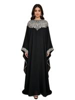 Abaya de soirée longue et ample à col rond, ornée de strass et de fils argentés, style luxe léger, manches larges et tombé ample