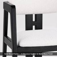 Chaise sans accoudoirs en bois noir avec structure en H, assise et dossier rembourrés en bouclette blanche, pour hôtel, banquet, restaurant