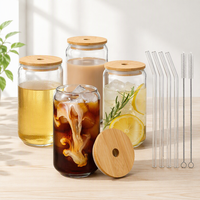 Gobelet en verre transparent pour jus et boissons de 16 oz, gobelets en verre givré transparent avec couvercle en bambou anti-fuite et paille en verre