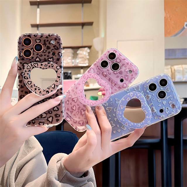 IMD Leopard Print Graphic Mirror Bracket Mobile Phone case for iPhone 17 16 15 Pro Max Air love Stand Cute Cartoon Holder Cover