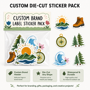 Packs d'autocollants en vinyle PVC découpés sur mesure pour la promotion, autocollants en vinyle imperméables pour ordinateur portable, pack d'autocollants de dessins animés avec carte de tête de pack - Product Image 2