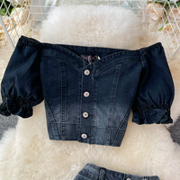 Ensemble haut court à épaules dénudées et manches bouffantes avec jupe midi en jean fendue taille haute pour femme