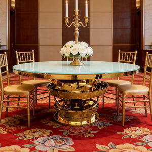 Mesa de Comedor Decorativa Premium para Bodas, Mesa Redonda de Vidrio Dorado y Acero Inoxidable, Mesa para Eventos y Banquetes de Hotel - Product Image 1