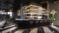Design d'intérieur de restaurant haut de gamme, ensemble de meubles classiques pour café-bar avec chaises en rotin et table en bois, comptoir de bar personnalisé pour les boissons