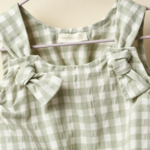 Romper a Cuadros Verde para Bebés Niñas, Sin Mangas, de Algodón, con Detalle de Lazo, Body de Verano para Bebés y Niñas Pequeñas, Cuello Cuadrado, Cierre de Botones - Product Image 3