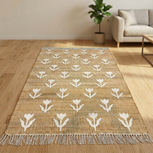 Tapis en jute à motif floral, rectangulaire, à poils ras, style bohème, antidérapant, pour chambre à coucher - Product Image 2