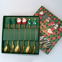 Set Peralatan Makan Natal Sekali Pakai dari Baja Tahan Karat, Sendok Pengaduk Kopi & Garpu Buah Motif Boneka Kreatif Warna Emas, Kotak Hadiah