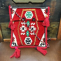 Sac à bandoulière vintage pour femme, motif authentique oriental anatolien, avec pompon, en tissu de coton rouge, longue sangle, style nomade