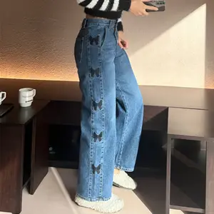 Wholesale 2024 Summer New Embroidered Bow Korean Retro Spliced Casual Women's Jeans