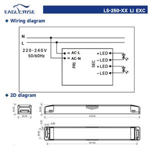 ไดรเวอร์ LED แรงดันคงที่ EAGLERISE LS-250-XX LI EXC 250W 24V 48V  แหล่งจ่ายไฟ 220-240VAC สำหรับไฟ LED รับประกัน 5 ปี - Product Image 3
