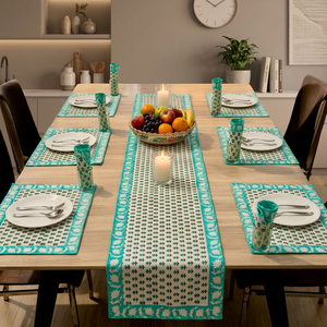 Ensemble de chemins de table modernes en toile de coton tissée à imprimé éléphant bleu, lavables et durables, avec bordure florale, pour la maison et les restaurants - Product Image 2