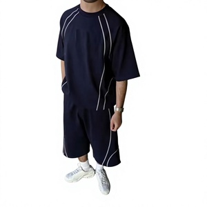 Men's Geometric Stripe T-Shirt and Shorts <b>Set</b> Crew Neck Casual Summer Wear Breathable <b>Knitted</b> Spandex Cotton - Product Image 3