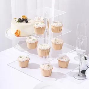 Estante de exhibición de buffet de postres de pastel de acrílico transparente de alta calidad de niveles personalizados para exhibición de fiesta de buffet