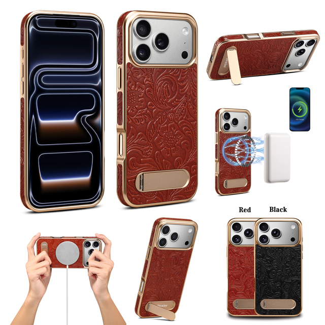 Genuine Leather Magnetic Electroplated Phone Case with Kickstand, Wireless Charging Compatible Fits Apple 17/16/15/14/13 Series