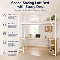 Lit mezzanine en métal gain de place avec bureau intégré et étagère, idéal pour appartement et dortoir