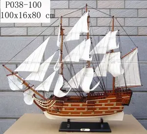 木制海盗船模型白色100x16x80cm厘米航海手工炮艇模型