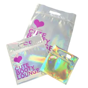 Sacchetti personalizzati ologramma Mylar gioielli per vestiti cosmetici sacchetti trasparenti olografici di plastica con cerniera con foro per maniglia