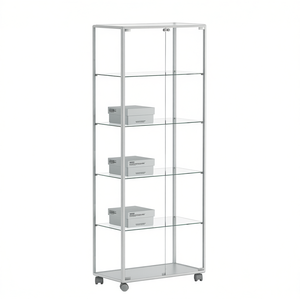 Vitrine encadrée en aluminium 71x37x180 cm blanche avec 2 portes verrouillables, 4 étagères réglables sur roulettes - Product Image 2