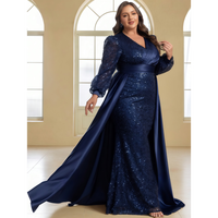 Robe de soirée sirène moderne grande taille en satin à sequins avec cape, taille naturelle, élégante, col en V, bretelles fines, motif