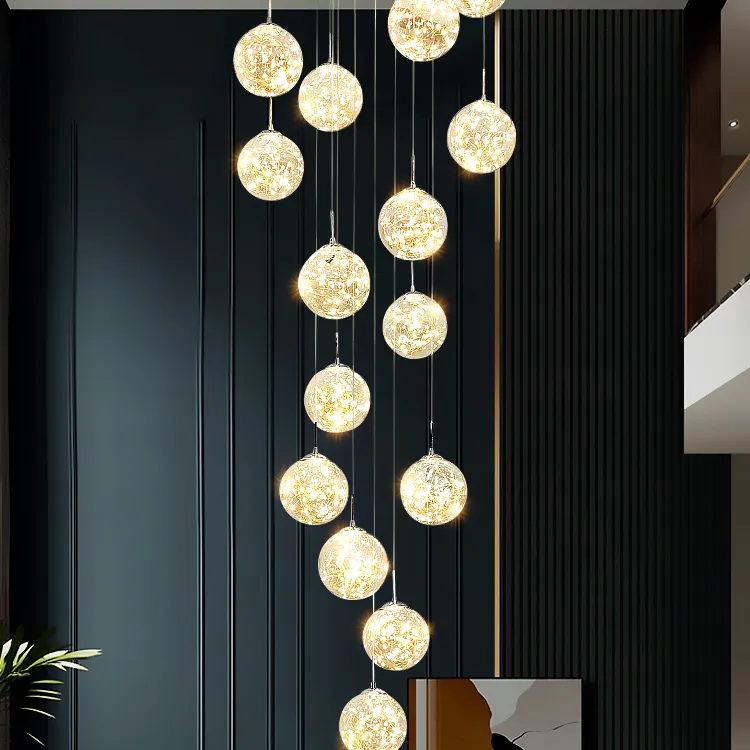 Top şekli altın parlayan merdiven asılı lamba otel lobisinde Villa oturma odası E14 kristal avize