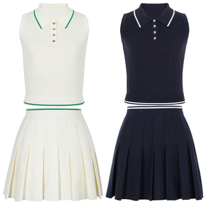 Bán Buôn Nhà Sản Xuất Mùa Hè Một Bộ Của Phụ Nữ Không Tay Rắn Ngắn Cổ Điển Hai Mảnh Váy Bộ Dệt Kim Mini Pleated Váy - Product Image 3