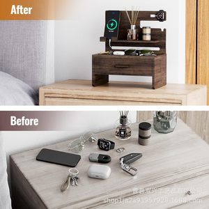 Wooden Bedside Table Storage <b>Rack</b> With Wireless Charging For Phone Watch <b>Glasses</b> Organization Nightstand - Product Image 5