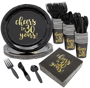 Черно-золотые принадлежности для празднования 30-летия, Подарочные подарочные бумажные тарелки, салфетки, чашки, набор одноразовых столовых приборов