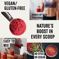 Notre propre marque de poudre de betterave, extraits végétaux purs, sans gluten, idéale pour les mélanges superalimentaires et les shakes protéinés.