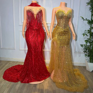 Vestidos de fiesta de lujo con cuentas de cristal estilo Aso Ebi, <span class=keywords><strong>vestido</strong></span> de noche de sirena sin tirantes con cuentas, vestidos para bodas y fiestas para mujeres - Product Image 3