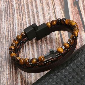 Personalisiertes Mehrschichtiges Schwarzes Leder-Herrenarmband im Boho-Stil mit Edelstahlverschluss und Tigerauge-Perlen für Jubiläen - Product Image 4