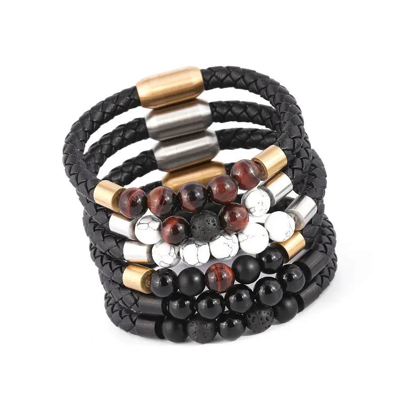 Pulseira de contas de pedra curativa com cordão de couro Boho chique para homens, moda minimalista e variada por atacado de qualidade personalizada