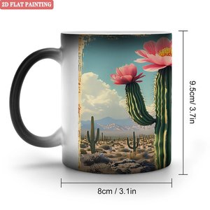 Tasse à changement de couleur sensible à la chaleur 11oz en céramique noire givrée vierge avec motif Cactus Désert - Product Image 1