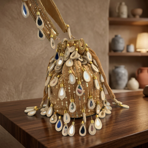 Pochette de soirée en daim brodée à la main avec perles dorées, écologique, à fermeture ouverte, décorations de perles, pour mariage et fête - Product Image 3