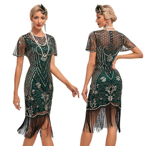 <span class=keywords><strong>Robe</strong></span> BabeYond Roaring 20s Vintage Art Déco, style années 1920, style flapper, <span class=keywords><strong>longue</strong></span> frange, paillettes, perles, taille empire, fête, décorée de plumes - Product Image 3
