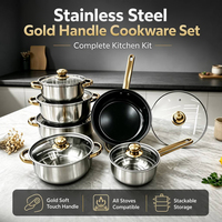 Set Peralatan Masak Mewah 12 Buah dari Baja Anti Karat dengan Gagang Emas, Kompatibel dengan Induksi, Set Panci dan Wajan, Perlengkapan Dapur