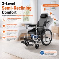 Fauteuil roulant manuel multifonctionnel peu encombrant avec coussin double lavable, plateau pour cuvette, repose-jambes réglable et roues solides de 24 pouces
