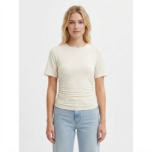 Camiseta de cuello drapeado personalizada <span class=keywords><strong>para</strong></span> mujer, manga corta, informal, de algodón, top de verano <span class=keywords><strong>para</strong></span> mujer, camiseta básica de moda con cuello drapeado, venta al por mayor - Product Image 3
