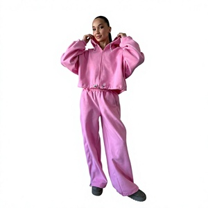 Custom Women's Pink Tracksuit Set Cropped Zip <b>Jacket</b> Wide Leg Pants Matching Two Piece Sportswear Casual Streetwear - Product Image 1