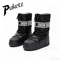 Bottes de ski d'hiver 2026 montantes isolées à semelle épaisse pour homme et femme, bottes de neige légères à bout rond avec tige en tissu, chaudes