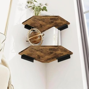 Wooden <b>Wall</b> <b>Mounted</b> <b>Shelf</b> 2 Tier Geometric Solid Wood Storage Rack For Living Room Decorative Organizer - Product Image 1