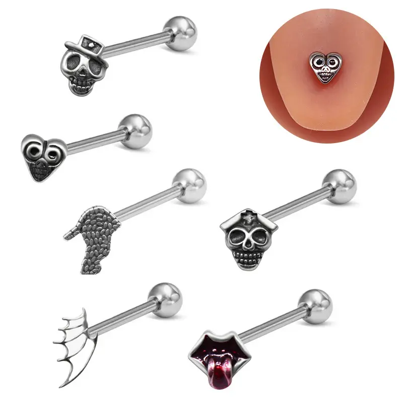 NUORO Punk Surgical Steel Skull Heart Wing Top Tongue Rings For Women Man Barbell Tongue Piercing Jewelry