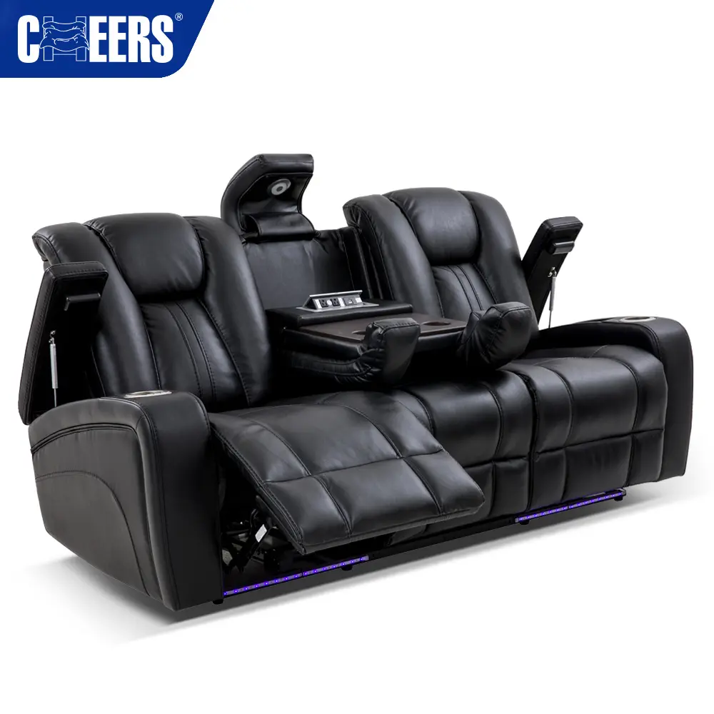 MANWAH CHEERS Factory Großhandel Schwarz 3 Sitz Leathaire Heimkino Power Recliing Sofa Mit Sofa Tisch becher halter Und Led