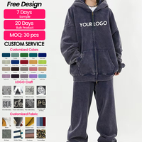 Pantalon de survêtement unisexe à capuche délavé à l'acide Ensemble de 2 pièces Street Wear Blank Sports Zip up Distressed Vintage Survêtement surdimensionné pour hommes