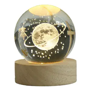 Lámpara de noche de bola de cristal de arte 3D personalizada, decoración de bola de cristal luminosa, sistema Solar, luces de noche LED