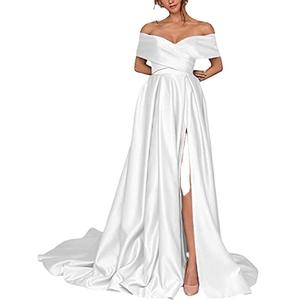 Vestido de Fiesta Largo de Satén con Hombros Descubiertos para Mujer, Estilo Línea A, con Abertura Alta y Bolsillos - Product Image 4