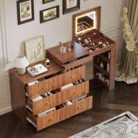 Coiffeuse moderne en bois avec miroir sur pied rabattable, 7 tiroirs et 3 étagères de rangement, blanc, pour appartement et chambre à coucher