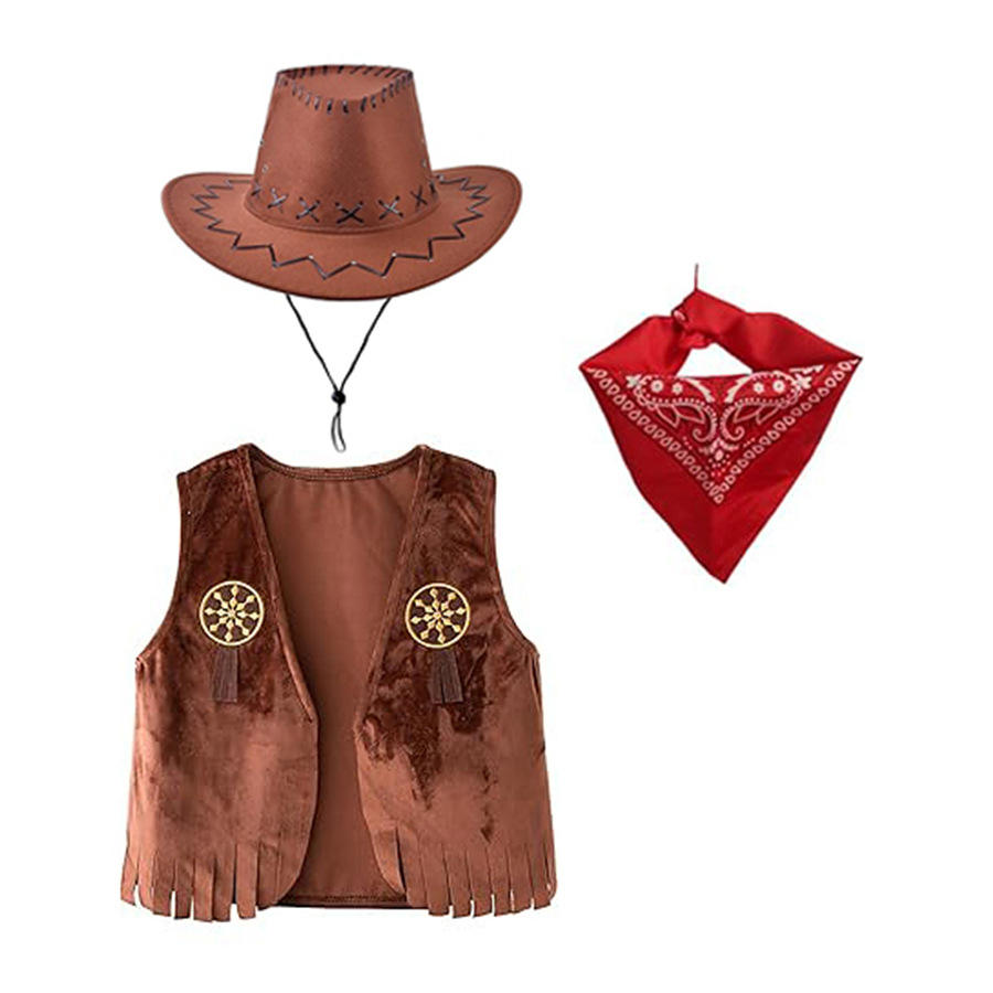 Brown cowboy hat + vest + square scarf brown