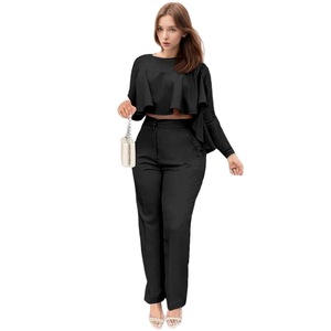 Ensemble deux pièces pour femmes, pantalon droit asymétrique à volants de couleur unie, tenue tendance - Product Image 2